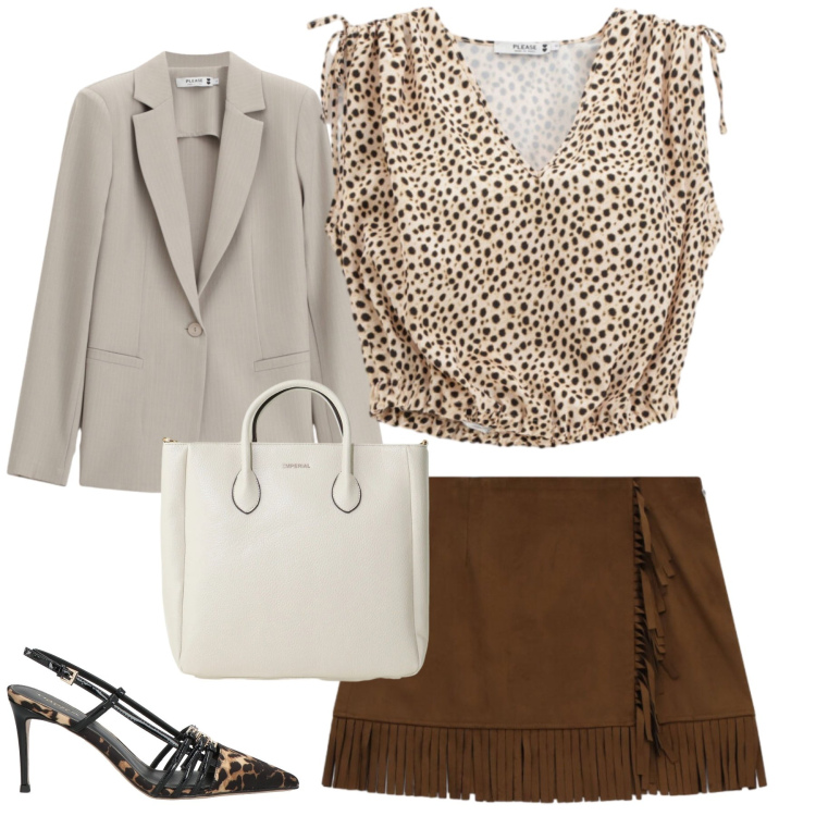 Outfit donna - Eleganza Felina & Suede. Stile Glamour per Ufficio. Abbinamento con décolleté, borse a tracolla, minigonne, blazer, top.