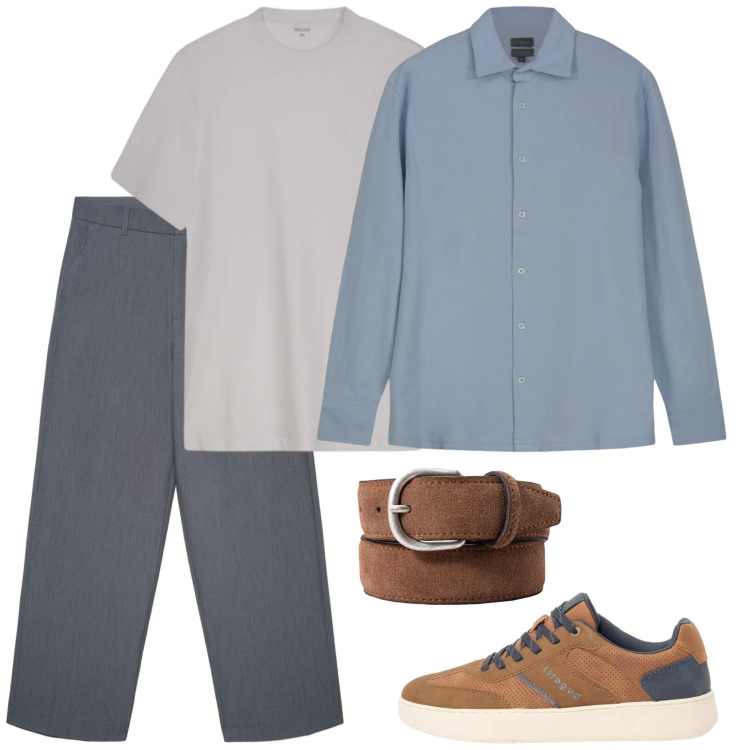 Outfit uomo - Il trio perfetto. Stile Casual per Ufficio. Abbinamento con sneakers, pantaloni, t-shirt, polo, cinture.