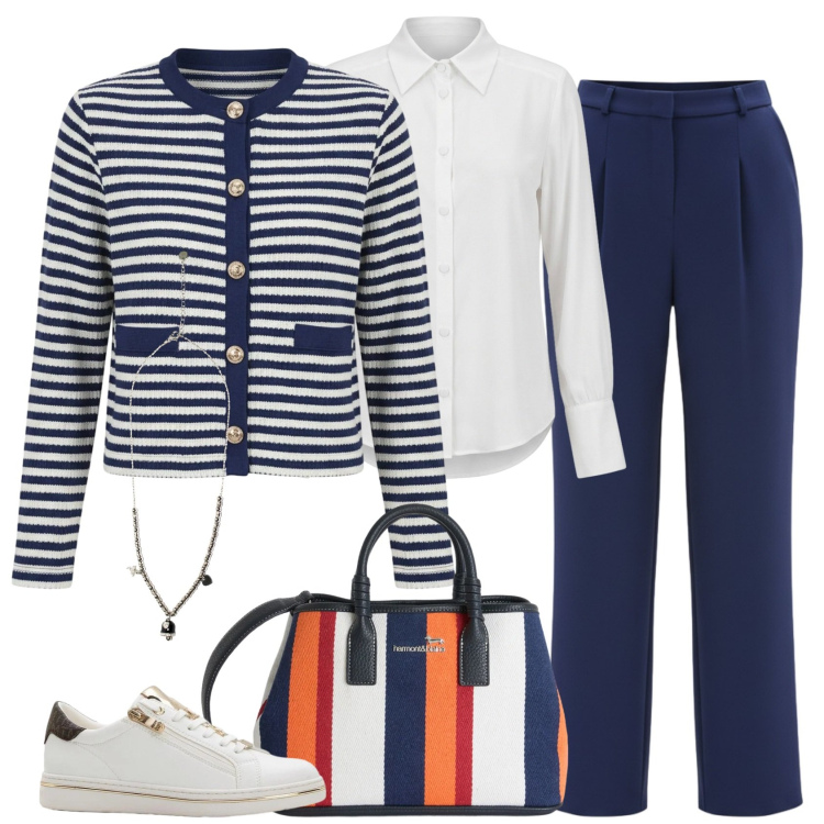 Outfit donna - In riga. Stile Casual chic per Ufficio. Abbinamento con sneakers, pantaloni, cardigans, camicie, shopping bag, ciondoli.