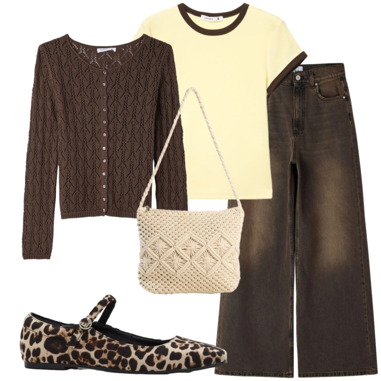 Outfit donna - Safari in città. Stile Urban per Scuola/Università. Abbinamento con ballerine, borse a tracolla, t-shirt, jeans, cardigans.