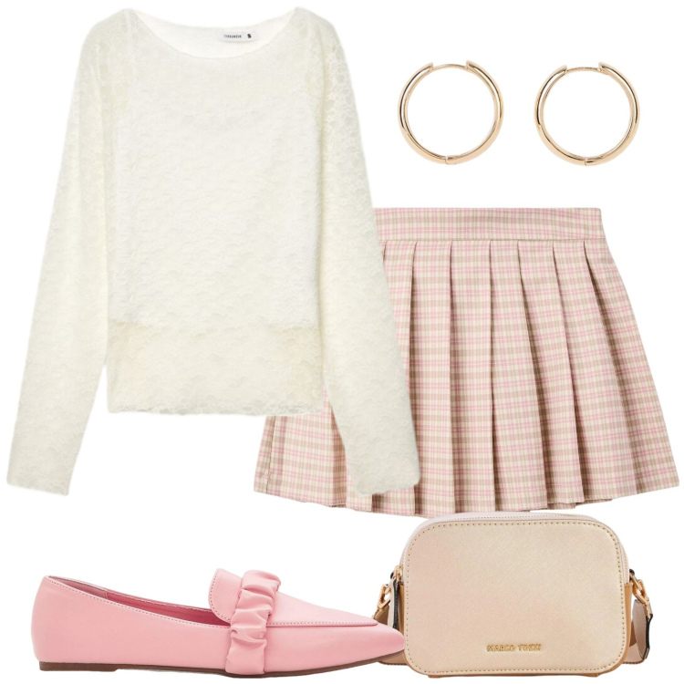 Outfit donna - Mocassini rosa. Stile Bon Ton per Scuola/Università. Abbinamento con mocassini, orecchini, borse a tracolla, minigonne, t-shirt.