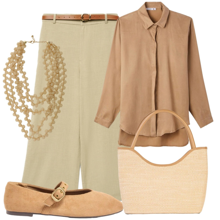 Outfit donna - Collana a cascata. Stile Casual chic per Ufficio. Abbinamento con shopping bag, ballerine, camicie, pantaloni a palazzo, collane.