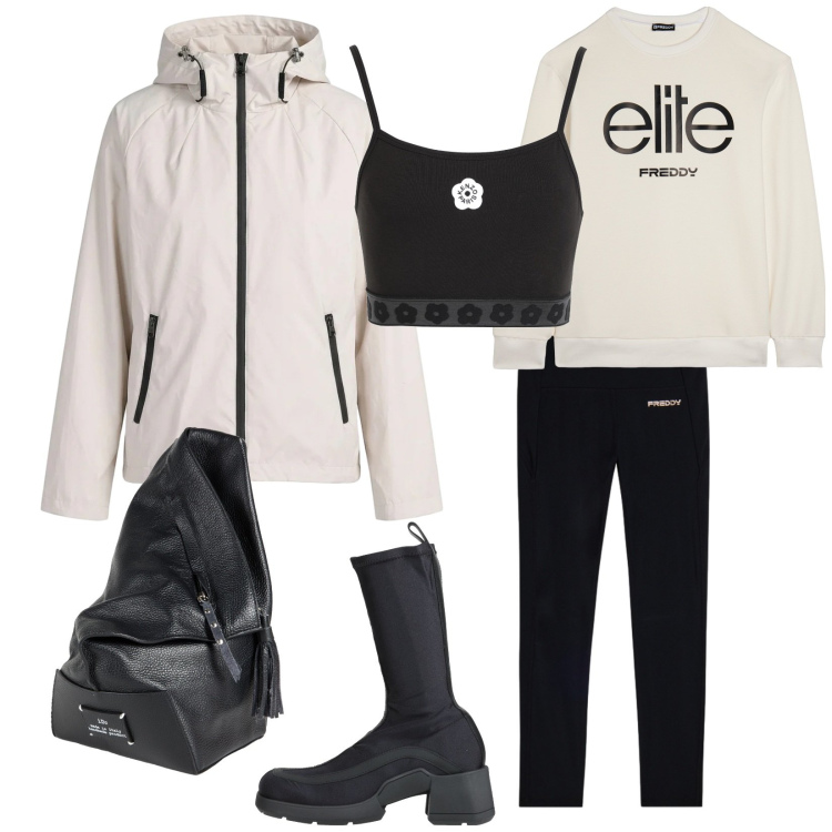 Outfit donna - Total look #2386328. Stile Casual per Tutti i giorni. Abbinamento con stivali, zaini, top sportivi, felpe, leggings, blazer.
