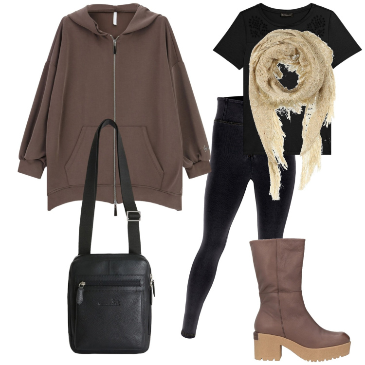 Outfit donna - Un weekend in montagna. Stile Casual per Tutti i giorni. Abbinamento con stivaletti, stole, felpe con cappuccio, borse sportive, jeggings, t-shirt.