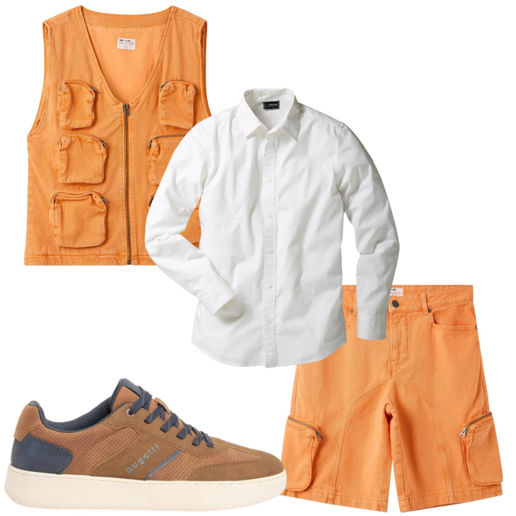 Outfit uomo - Trendy. Stile Trendy per Tutti i giorni. Abbinamento con camicie, sneakers, gilet, pantaloni corti.