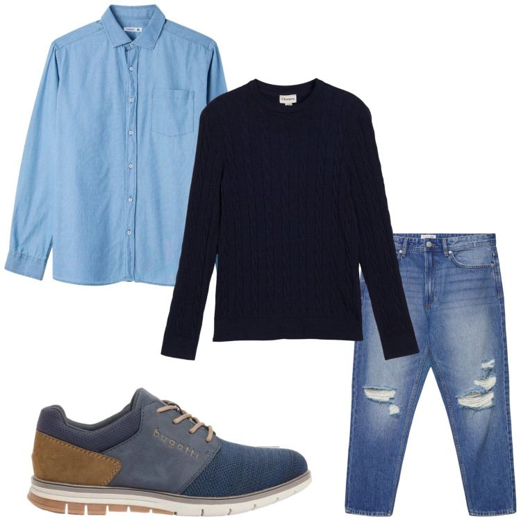 Outfit uomo - Easy. Stile Casual per Tutti i giorni. Abbinamento con scarpe stringate, maglieria, jeans strappati, camicie.