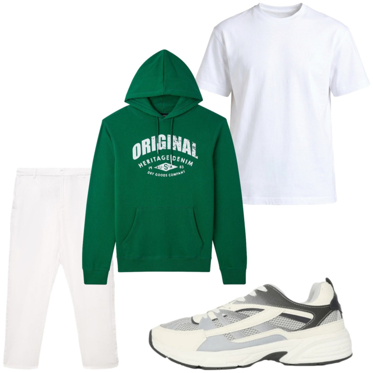 Outfit uomo - Rilassato. Stile Trendy per Tutti i giorni. Abbinamento con sneakers, felpe con cappuccio, pantaloni, t-shirt.