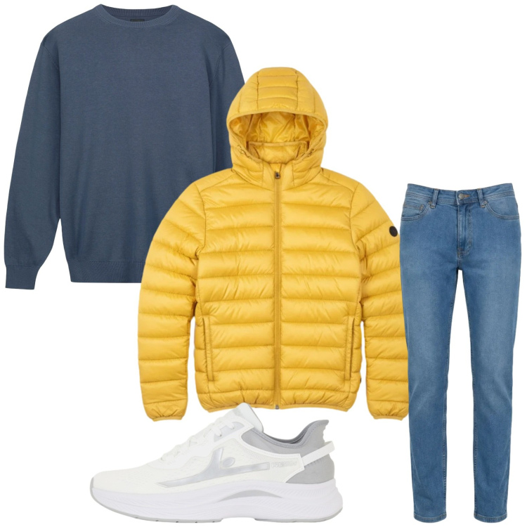 Outfit uomo - Colori primaverili. Stile Casual per Tutti i giorni. Abbinamento con jeans, sneakers, bomber, maglieria.