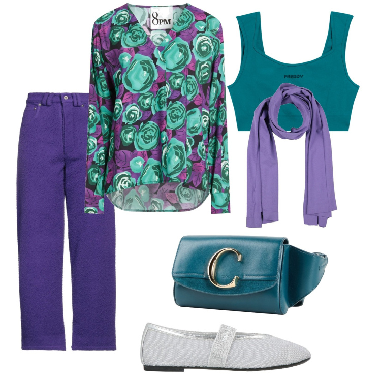 Outfit donna - Sporty chic in primavera. Stile Sporty chic per Tutti i giorni. Abbinamento con pantaloni, top, ballerine, marsupi, sciarpe, top sportivi.