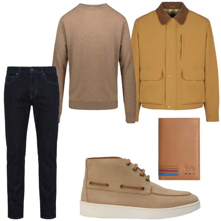Outfit uomo - Dinamico. Stile Trendy per Tutti i giorni. Abbinamento con jeans, portafogli, stivali e stivaletti, piumini, maglieria.