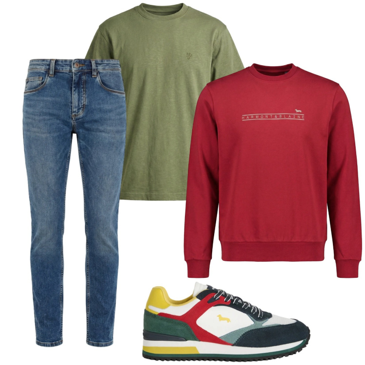 Outfit uomo - Total look #2386354. Stile Urban per Tutti i giorni. Abbinamento con sneakers, felpe, jeans slim fit, t-shirt.