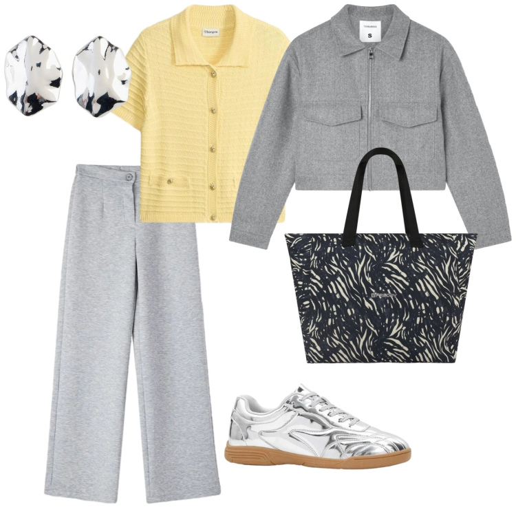 Outfit donna - Lunedì. per Scuola/Università. Abbinamento con cardigans, orecchini, sneakers, pantaloni, blazer, shopping bag.