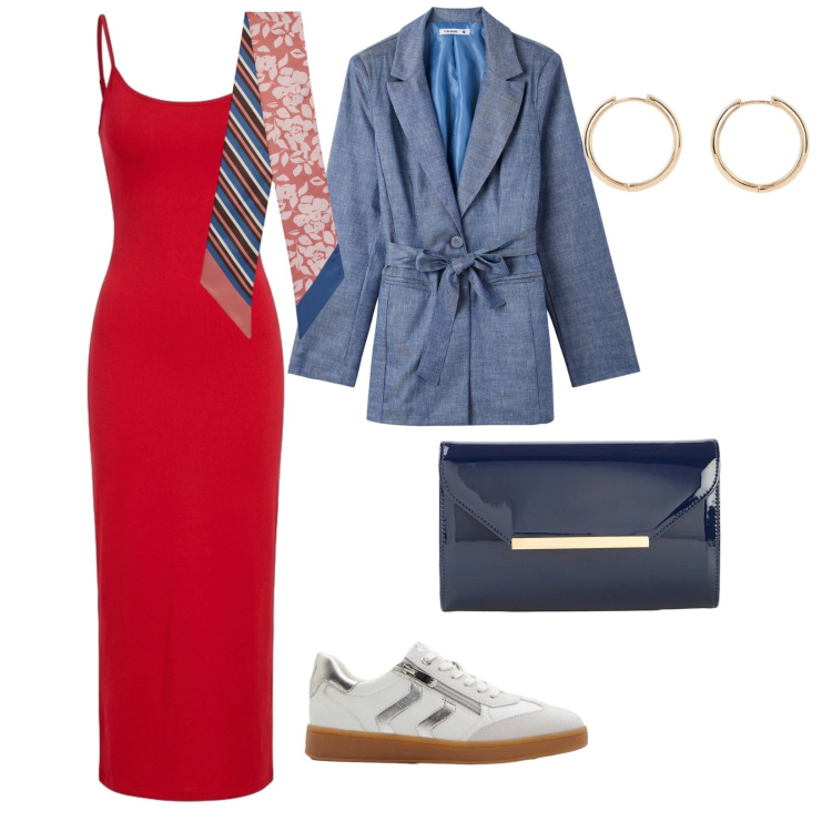 Outfit donna - Rosso e blu. per Tutti i giorni. Abbinamento con orecchini, sneakers, pochette, vestiti lunghi, blazer, foulard.