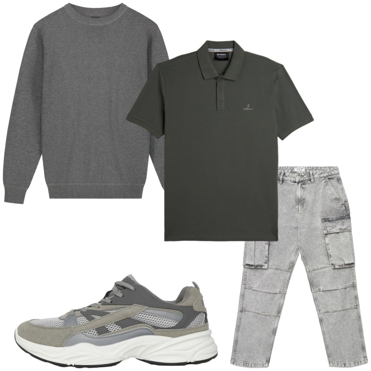 Outfit uomo - Grigio casual. Stile Casual per Tutti i giorni. Abbinamento con sneakers, jeans, polo, maglieria.
