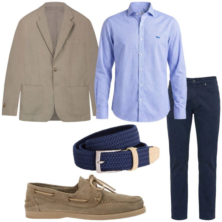 Outfit uomo - Blu e marrone. Stile Casual per Ufficio. Abbinamento con cinture, camicie, scarpe stringate, pantaloni, giacche.
