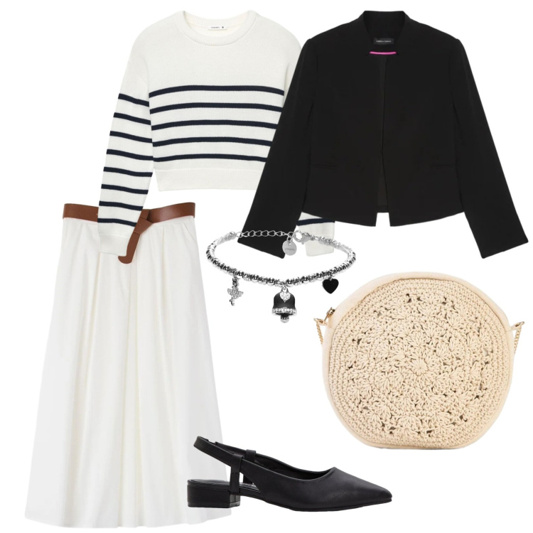 Outfit donna - Bianco e nero. per Ufficio. Abbinamento con décolleté, borse a tracolla, gonne longuette, maglieria, blazer, braccialetti.