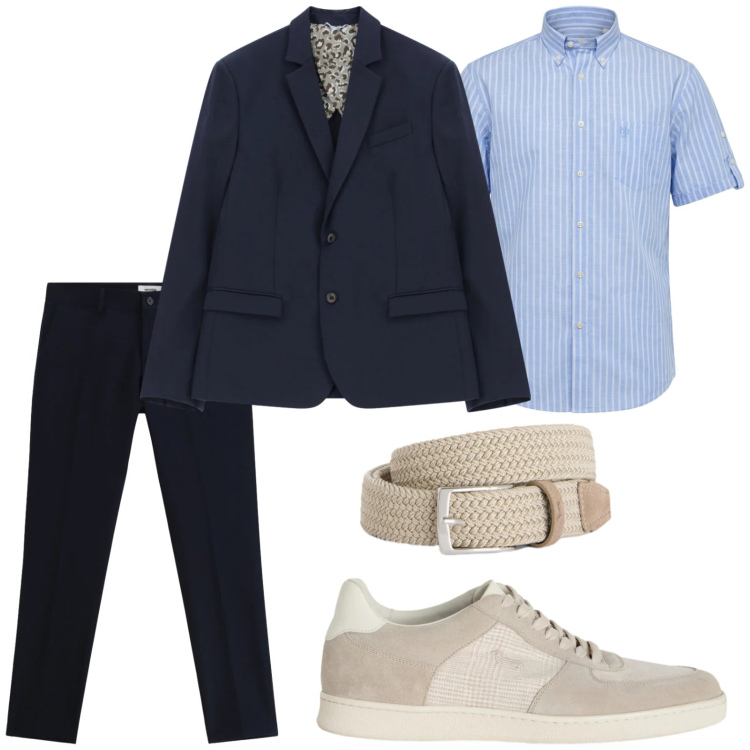 Outfit uomo - Tonalità primaverili. Stile Trendy per Ufficio. Abbinamento con pantaloni, giacche, cinture, sneakers, camicie a manica corta.