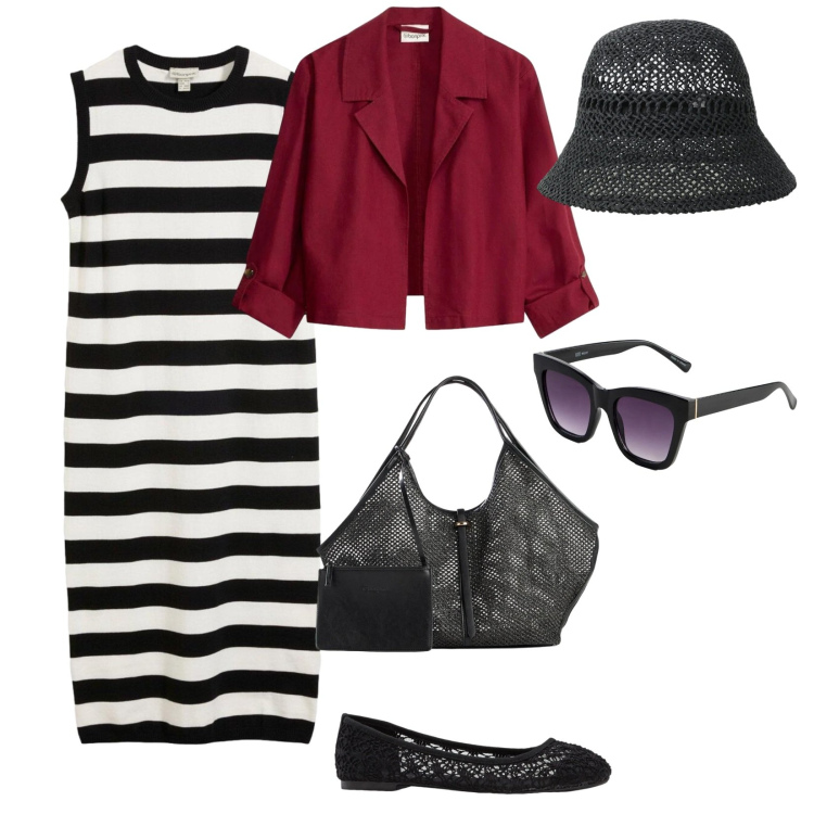 Outfit donna - Righe. per Mare. Abbinamento con vestiti, blazer, ballerine, shopping bag, occhiali da sole, cappelli.
