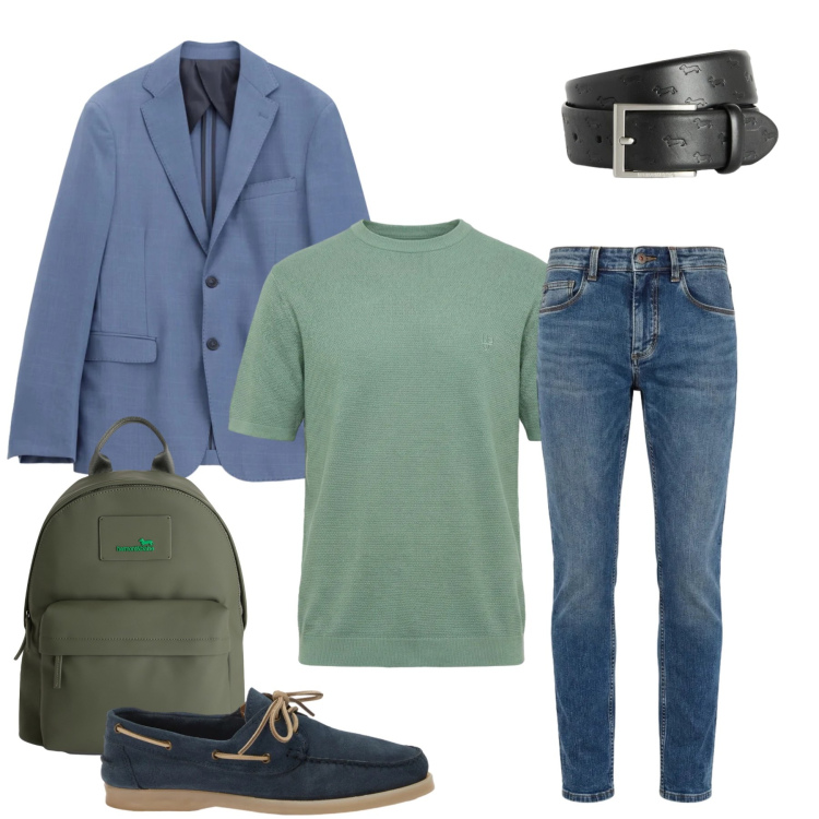Outfit uomo - Il Look Casal-Chic dai Toni Pastello. Stile Urban per Ufficio. Abbinamento con giacche, cinture, borse sportive, jeans slim fit, scarpe stringate, t-shirt.
