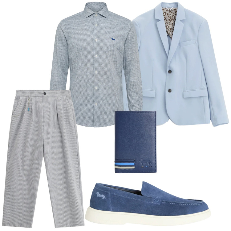 Outfit uomo - Elegante in ufficio. Stile Casual per Ufficio. Abbinamento con giacche, pantaloni, portafogli, camicie, scarpe stringate.