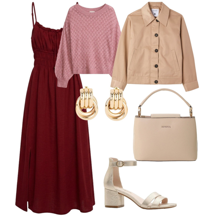 Outfit donna - Vestirsi a strati. per Tutti i giorni. Abbinamento con maglieria, orecchini, sandali col tacco, vestiti lunghi, cappotti, borse a secchiello.