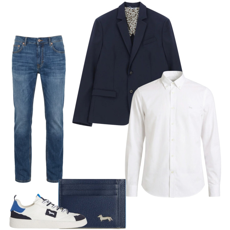 Outfit uomo - Il Look Versatile in Blu e Bianco. Stile Trendy per Tutti i giorni. Abbinamento con giacche, sneakers, portafogli, camicie, jeans.