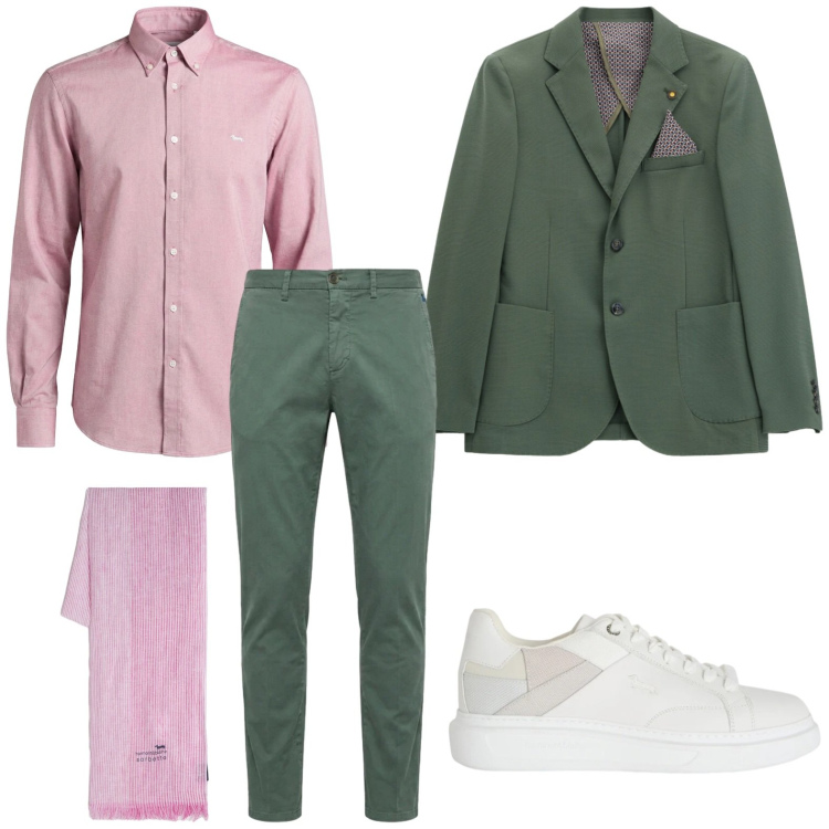 Outfit uomo - Dandy green. Stile Trendy per Ufficio. Abbinamento con giacche, sneakers, sciarpe, camicie, pantaloni chino.