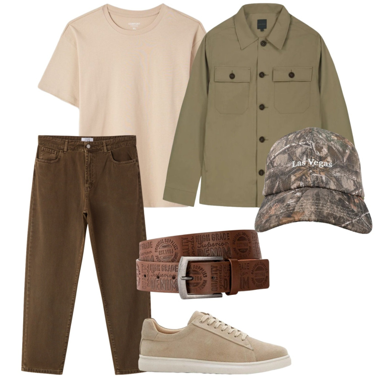 Outfit uomo - Al parco. per Tutti i giorni. Abbinamento con cinture, sneakers, cappelli con visiera, pantaloni, t-shirt, cappotti.