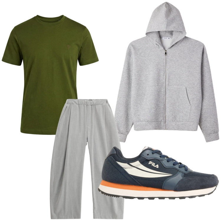 Outfit uomo - Rilassato. Stile Trendy per Tutti i giorni. Abbinamento con sneakers, felpe con cappuccio, pantaloni, t-shirt.