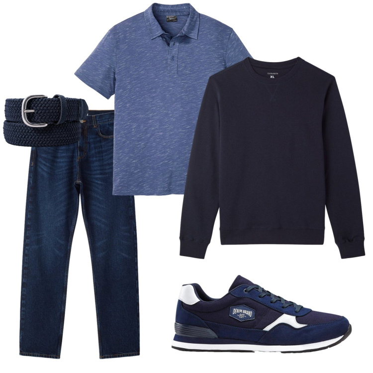 Outfit uomo - Urban in blu. per Tutti i giorni. Abbinamento con sneakers, polo, jeans dritti, felpe, cinture.