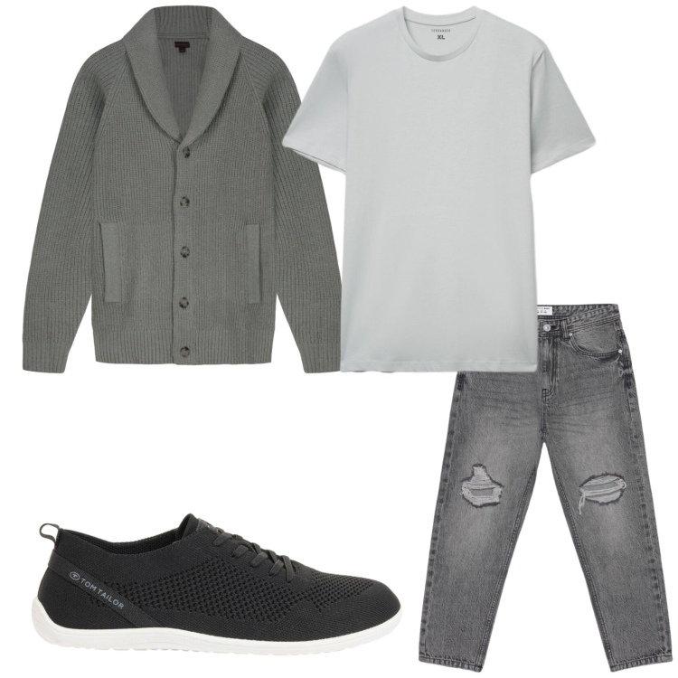 Outfit uomo - Tempo libero. Stile Casual per Tutti i giorni. Abbinamento con sneakers, jeans strappati, t-shirt, cardigans.