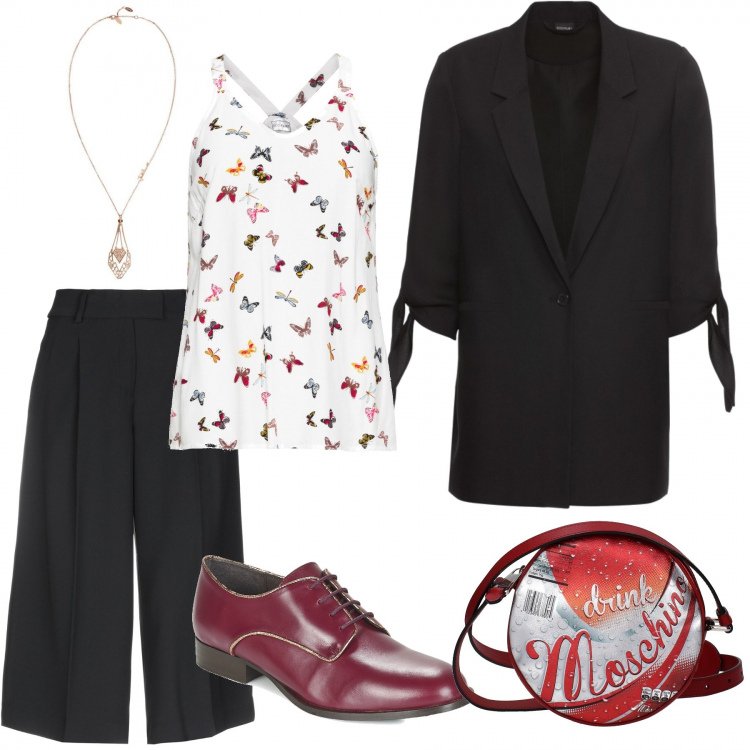 Outfit donna - London chic. Stile Trendy per Serata fuori. Abbinamento con top, blazer taglio dritto nero, pantalone capri, collana con strass e gancio maglia, borsa a tracolla con stampa e logo frontale rosso, scarpe stringate.