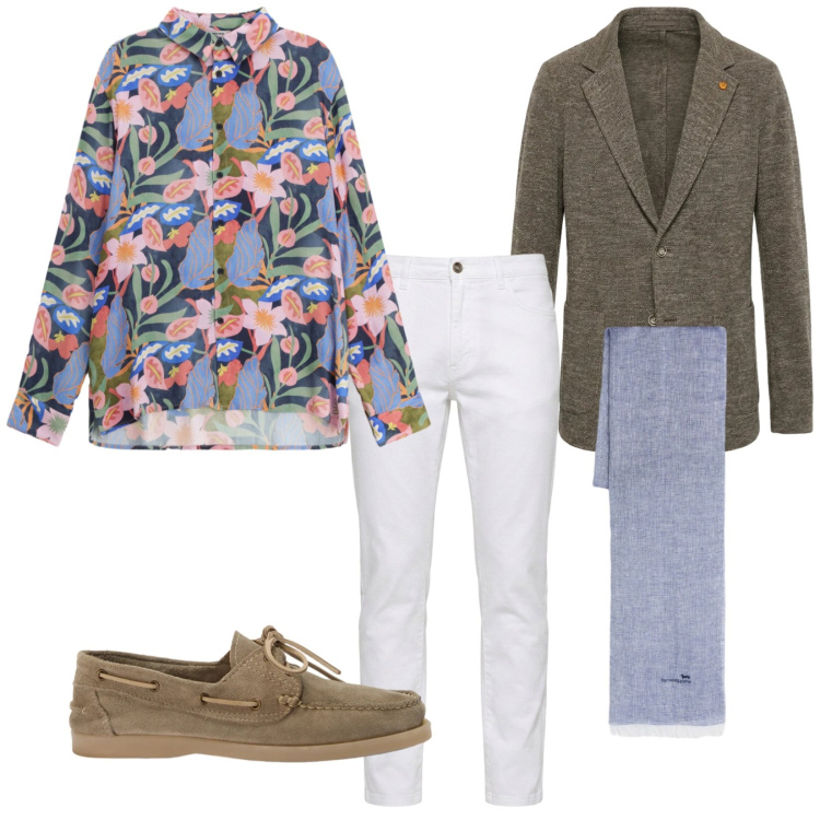 Outfit uomo - Gioventù. Stile Trendy per Serata speciale. Abbinamento con camicie, sciarpe, scarpe stringate, jeans, giacche.