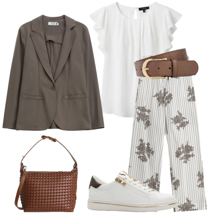 Outfit donna - Total look #2386401. Stile Casual per Tutti i giorni. Abbinamento con sneakers, cinture, top, pantaloni a palazzo, blazer, borse a spalla.