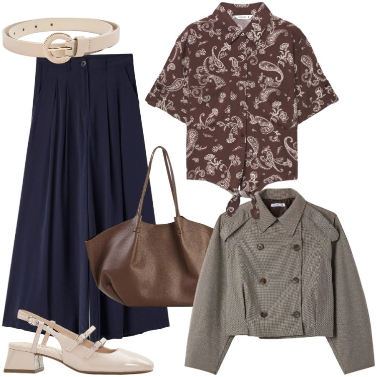 Outfit donna - Urban style. Stile Casual chic per Ufficio. Abbinamento con décolleté, shopping bag, cinture, caban, camicie a manica corta, pantaloni.