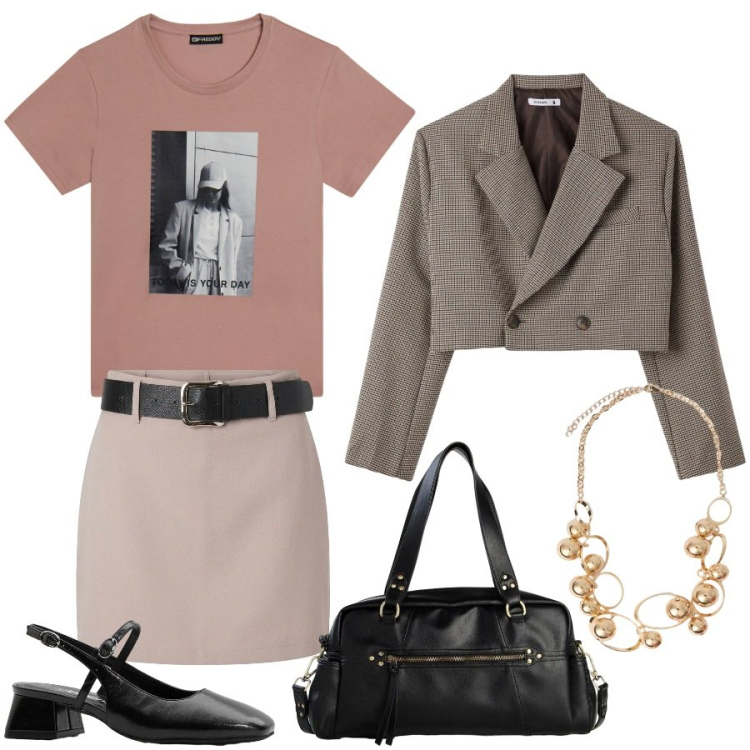 Outfit donna - Serata in città tra amiche. Stile Casual chic per Serata fuori. Abbinamento con borse a mano, décolleté, minigonne, blazer, collane, t-shirt.