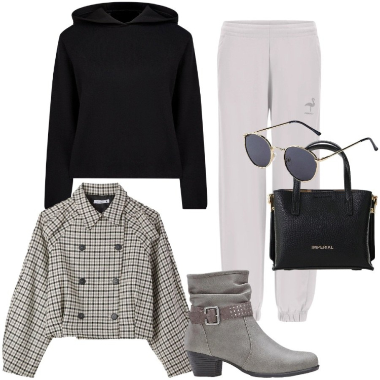 Outfit donna - Sporty chic. Stile Sporty chic per Tutti i giorni. Abbinamento con occhiali da sole, stivaletti, caban, borse a tracolla, pantaloni, maglieria.