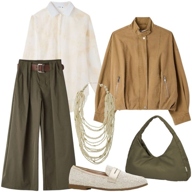 Outfit donna - Weekend. Stile Casual chic per Tutti i giorni. Abbinamento con mocassini, pantaloni, bomber, camicie, collane, borse a spalla.