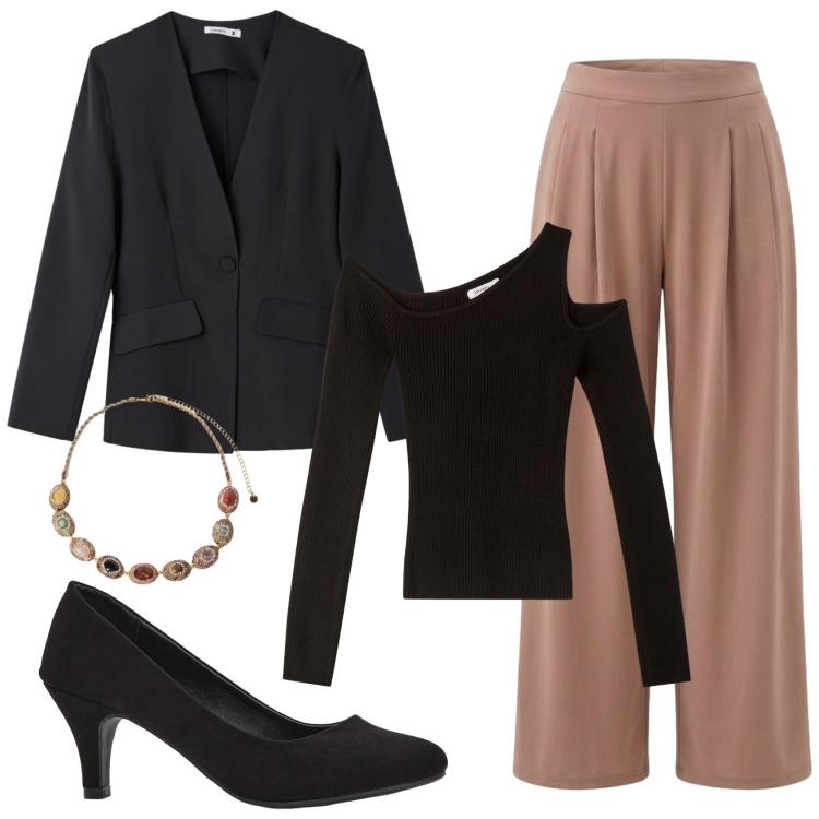 Outfit donna - Total look #2386408. Stile Basic per Serata fuori. Abbinamento con décolleté, maglieria, pantaloni, blazer, collane.