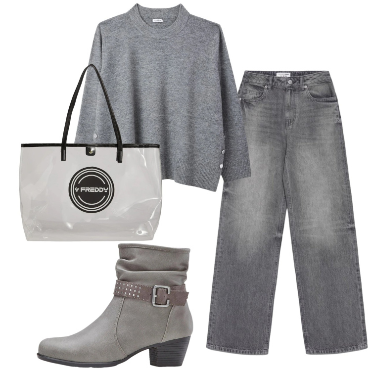 Outfit donna - Total look #2386412. Stile Casual per Tutti i giorni. Abbinamento con stivaletti, maglieria, jeans, shopping bag.