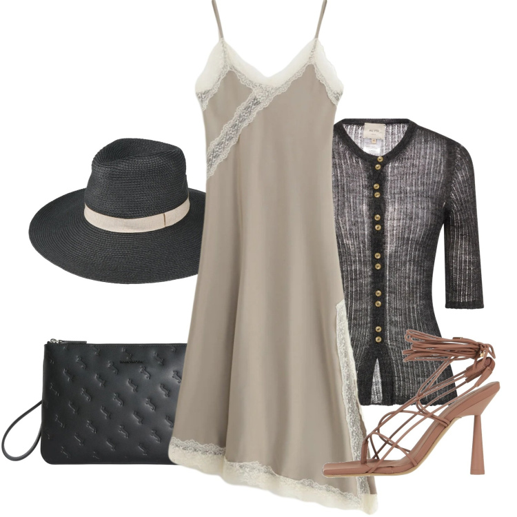 Outfit donna - Total look #2386413. Stile Chic per Serata fuori. Abbinamento con ciabatte, cardigans, cappelli, vestiti lunghi, anelli.