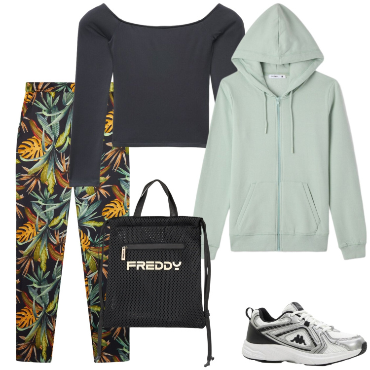 Outfit donna - Total look #2386422. Stile Sporty chic per Tutti i giorni. Abbinamento con sneakers, felpe con cappuccio, t-shirt, pantaloni, zaini.