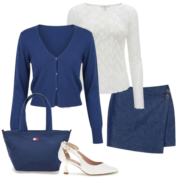 Outfit donna - In ufficio con Rinascimento. Stile Casual chic per Ufficio. Abbinamento con minigonne, cardigans, bluse, borse tote, décolleté.