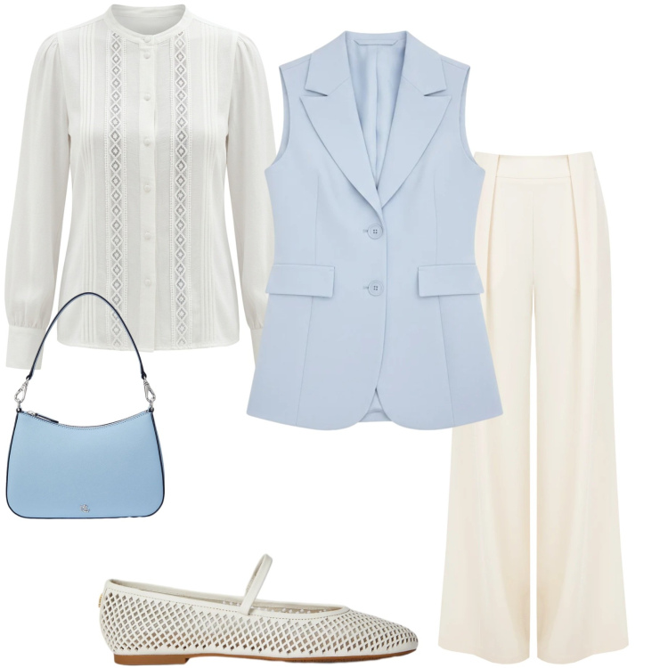 Outfit donna - Rinascimento spring. Stile Casual chic per Cerimonia. Abbinamento con pantaloni a palazzo, gilet, camicie, borse a spalla, ballerine.