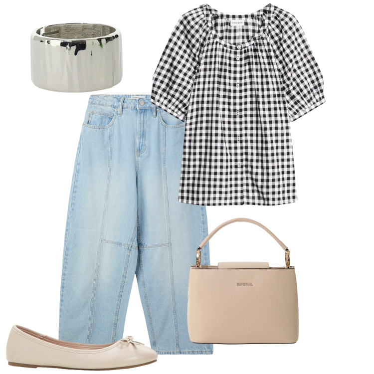 Outfit donna - Aprile. Stile Bon Ton per Tutti i giorni. Abbinamento con bluse, ballerine, jeans, borse a secchiello, braccialetti.