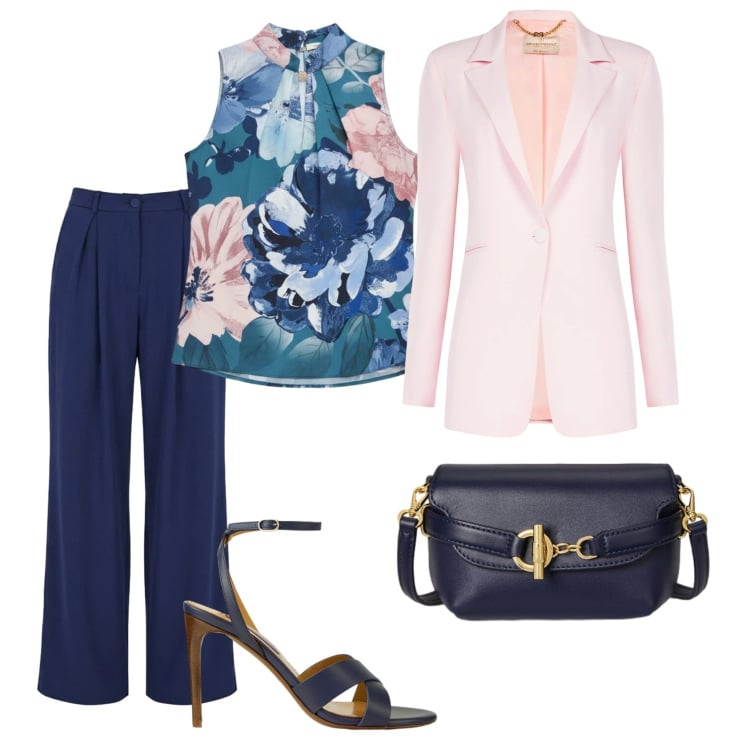 Outfit donna - Total look #2386431. Stile Chic per Ufficio. Abbinamento con blazer, top, pantaloni a palazzo, borse a tracolla, sandali col tacco.