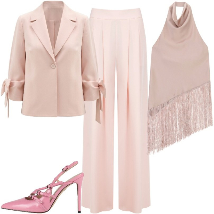 Outfit donna - Seduci con le scarpe più femminili. Stile Glamour per Cerimonia. Abbinamento con décolleté, top, blazer, pantaloni a palazzo.