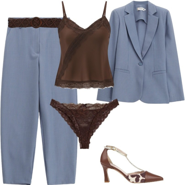 Outfit donna - Outfit sofisticato senza sforzo. Stile Casual chic per Tutti i giorni. Abbinamento con décolleté, culotte, cinture, blazer, pantaloni, canottiere.