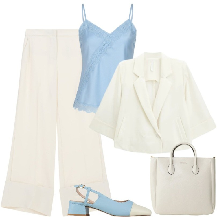 Outfit donna - Slingback celeste bicolore. Stile Minimal per Tutti i giorni. Abbinamento con décolleté, blazer, pantaloni a palazzo, borse a tracolla, top.