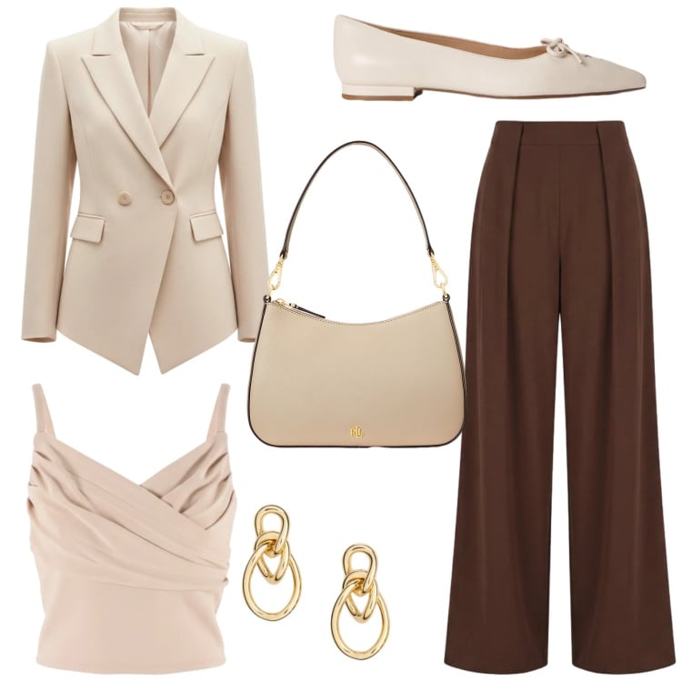 Outfit donna - Raffinata per un evento speciale. Stile Chic per Cerimonia. Abbinamento con canottiere, pantaloni a palazzo, blazer, borse a spalla, orecchini, ballerine.